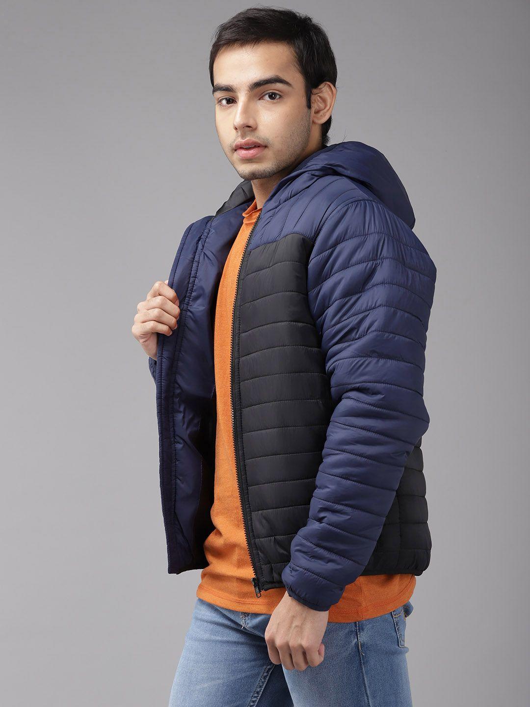 uth by roadster boys black & navy blue colourblocked hooded padded jacket