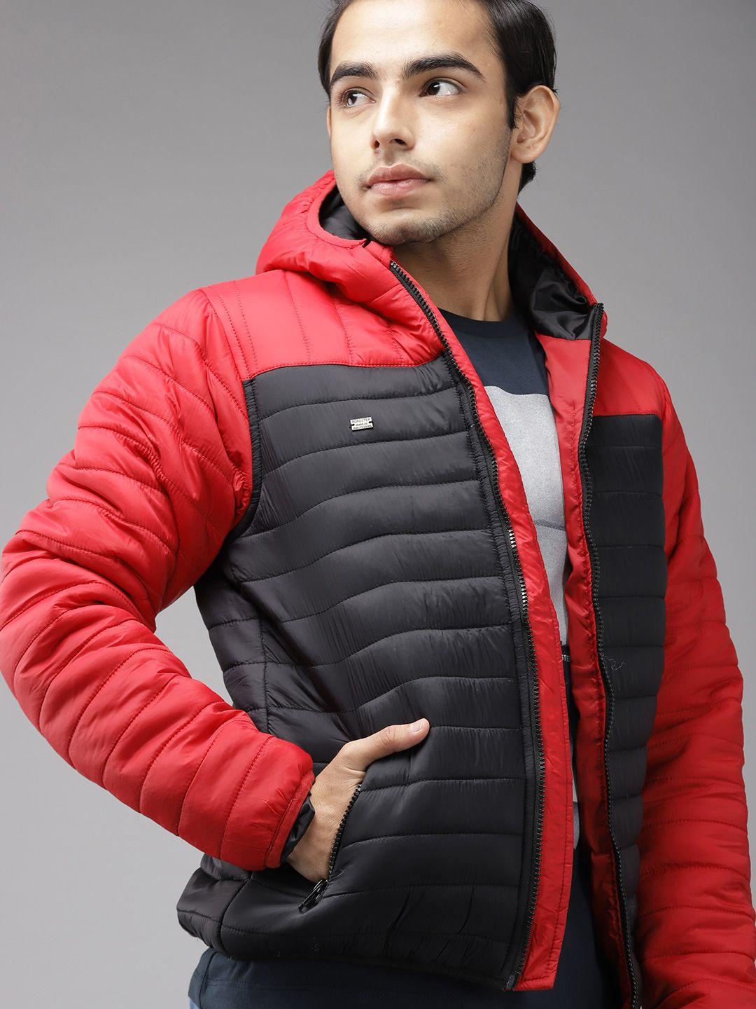 uth by roadster boys black & red colourblocked hooded padded jacket