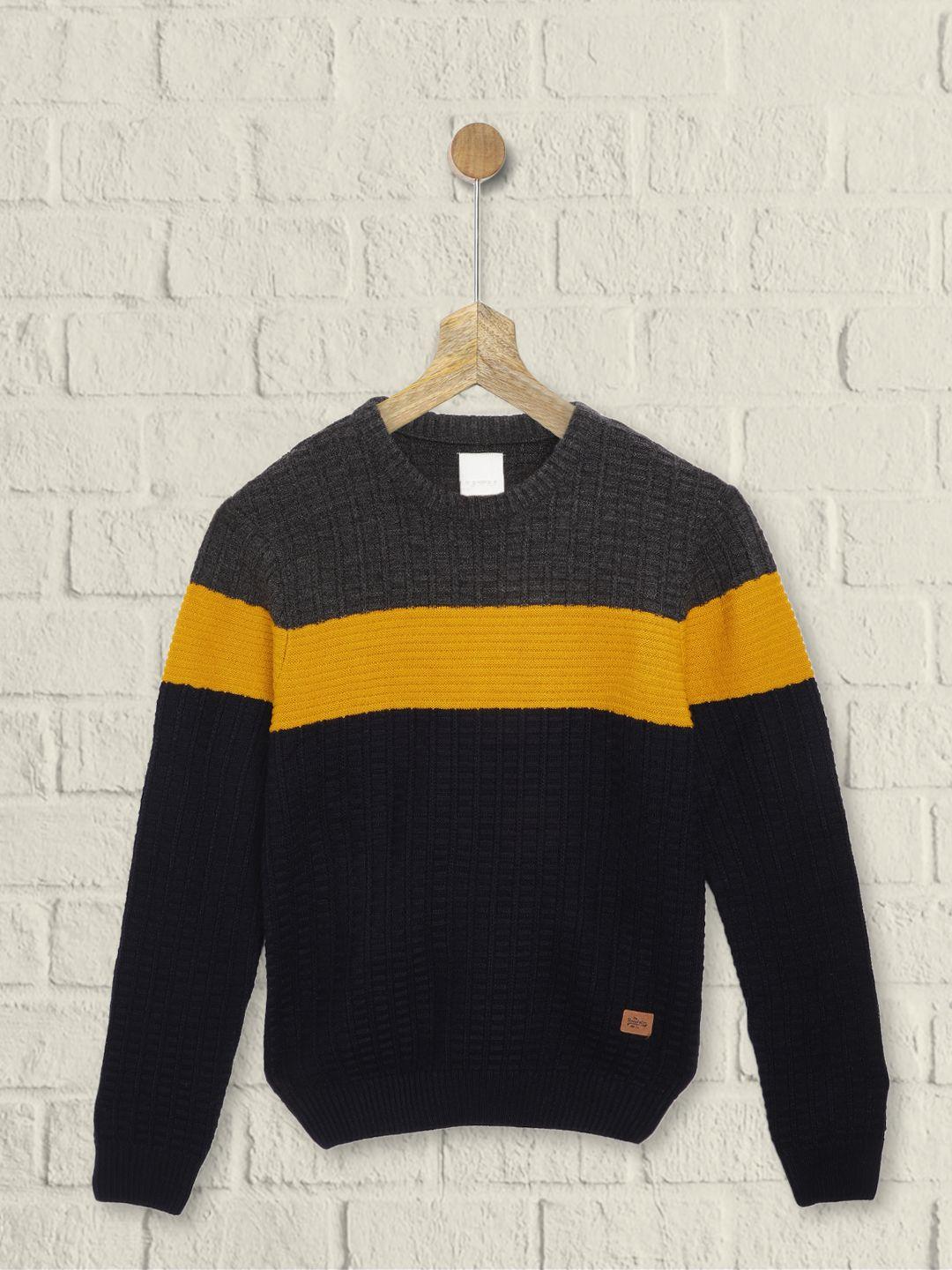 uth by roadster boys charcoal black & mustard yellow acrylic colourblocked pullover