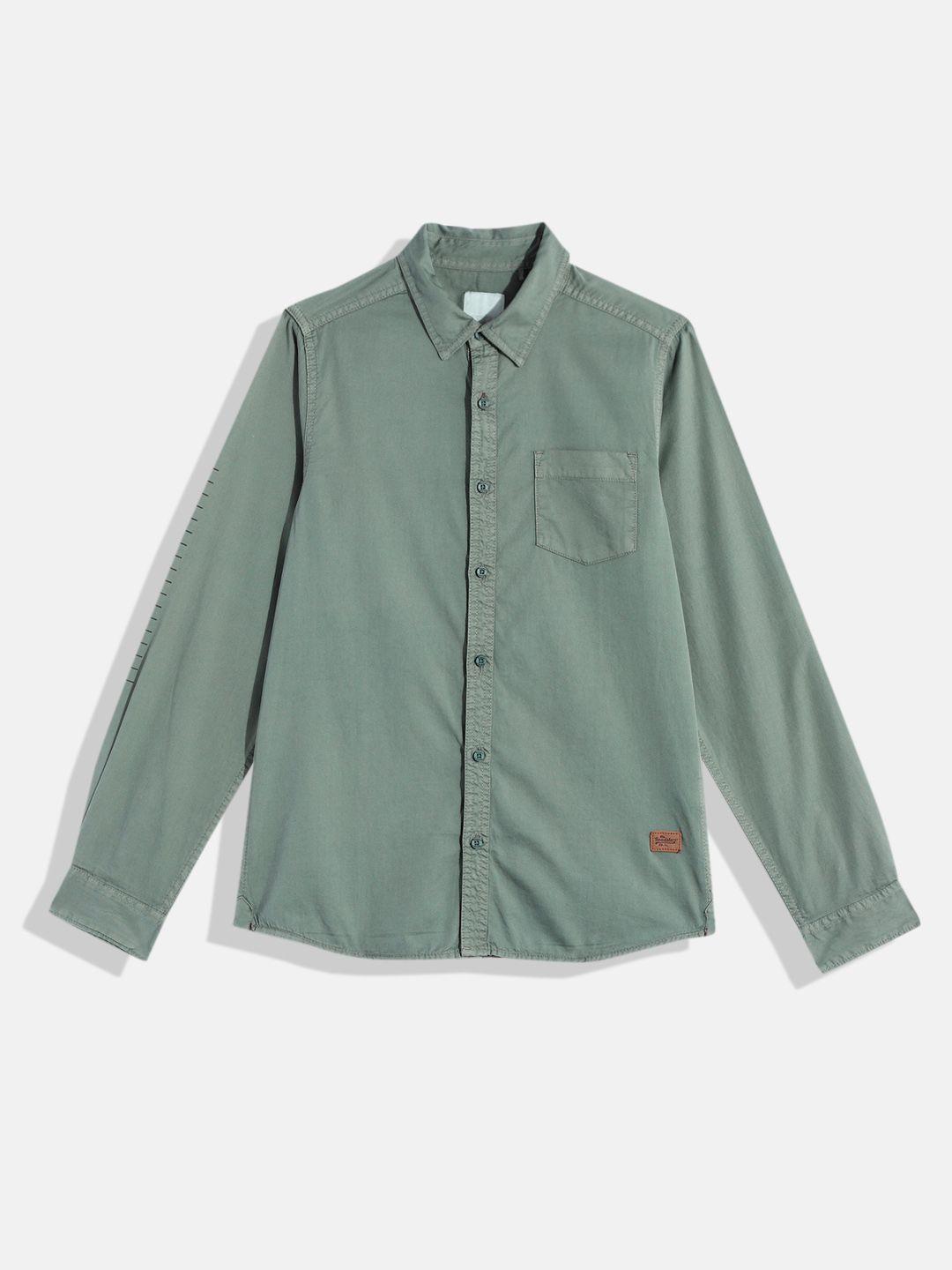uth by roadster boys green regular fit solid opaque pure cotton casual denim shirt