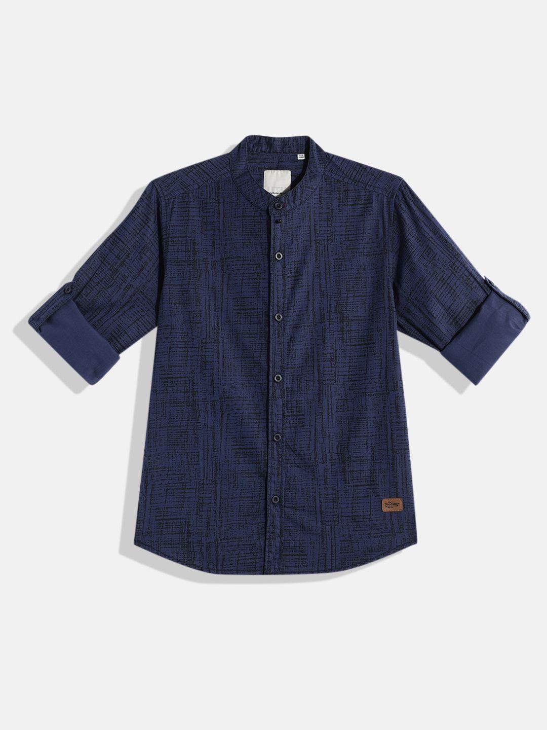 uth by roadster boys navy blue & black abstract printed pure cotton casual shirt