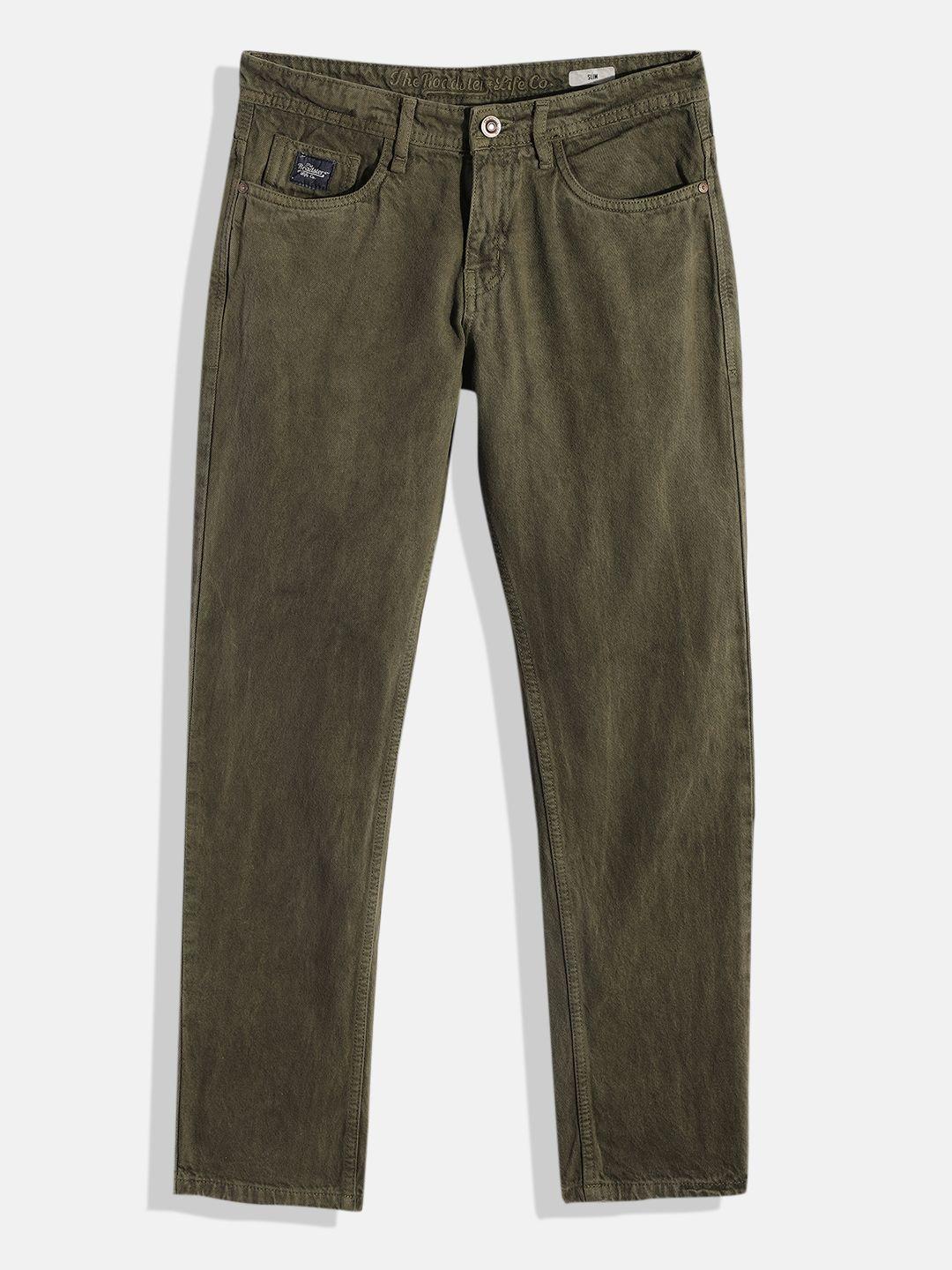 uth by roadster boys olive green slim fit stretchable jeans