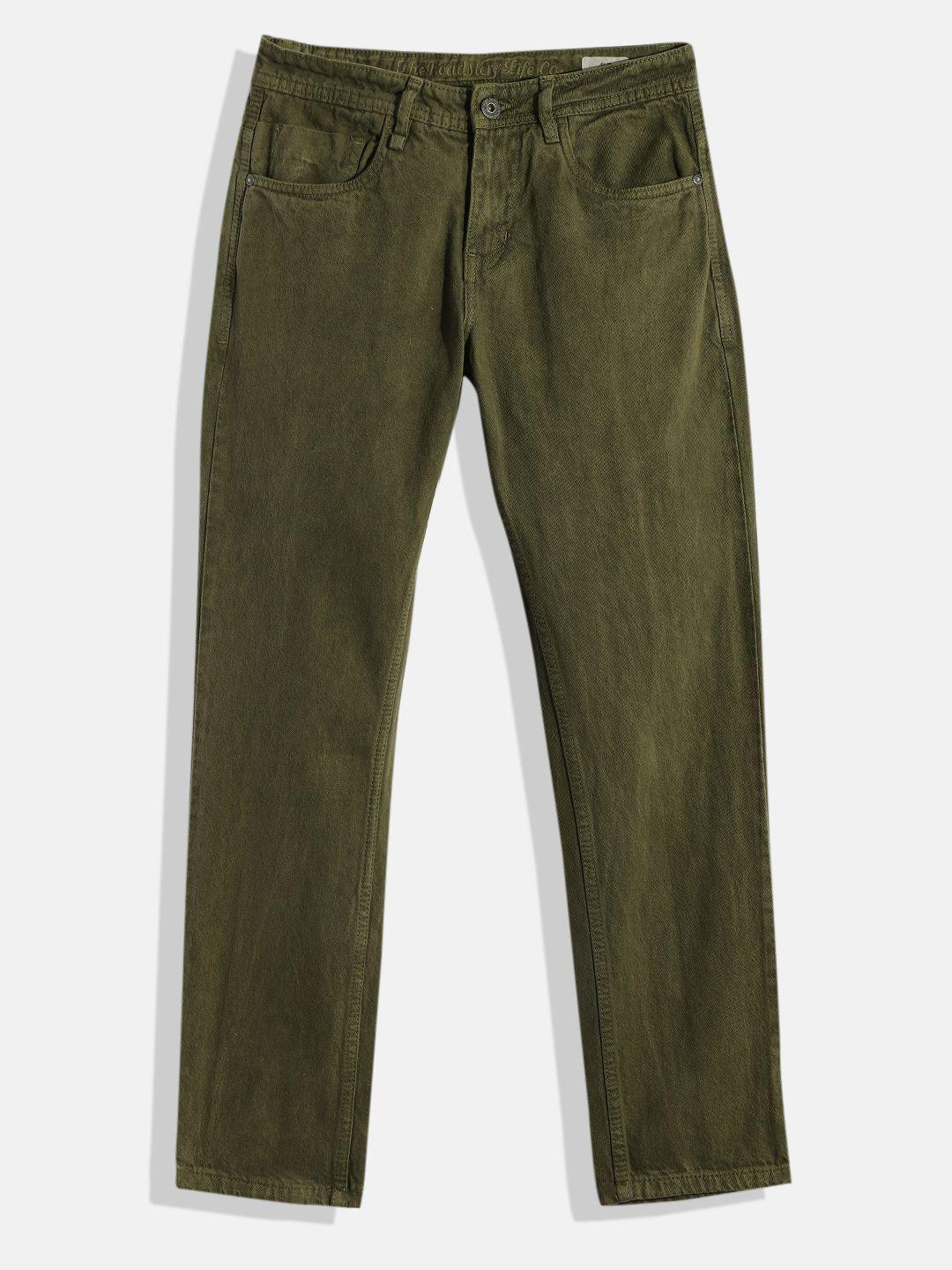 uth by roadster boys olive green slim fit stretchable jeans