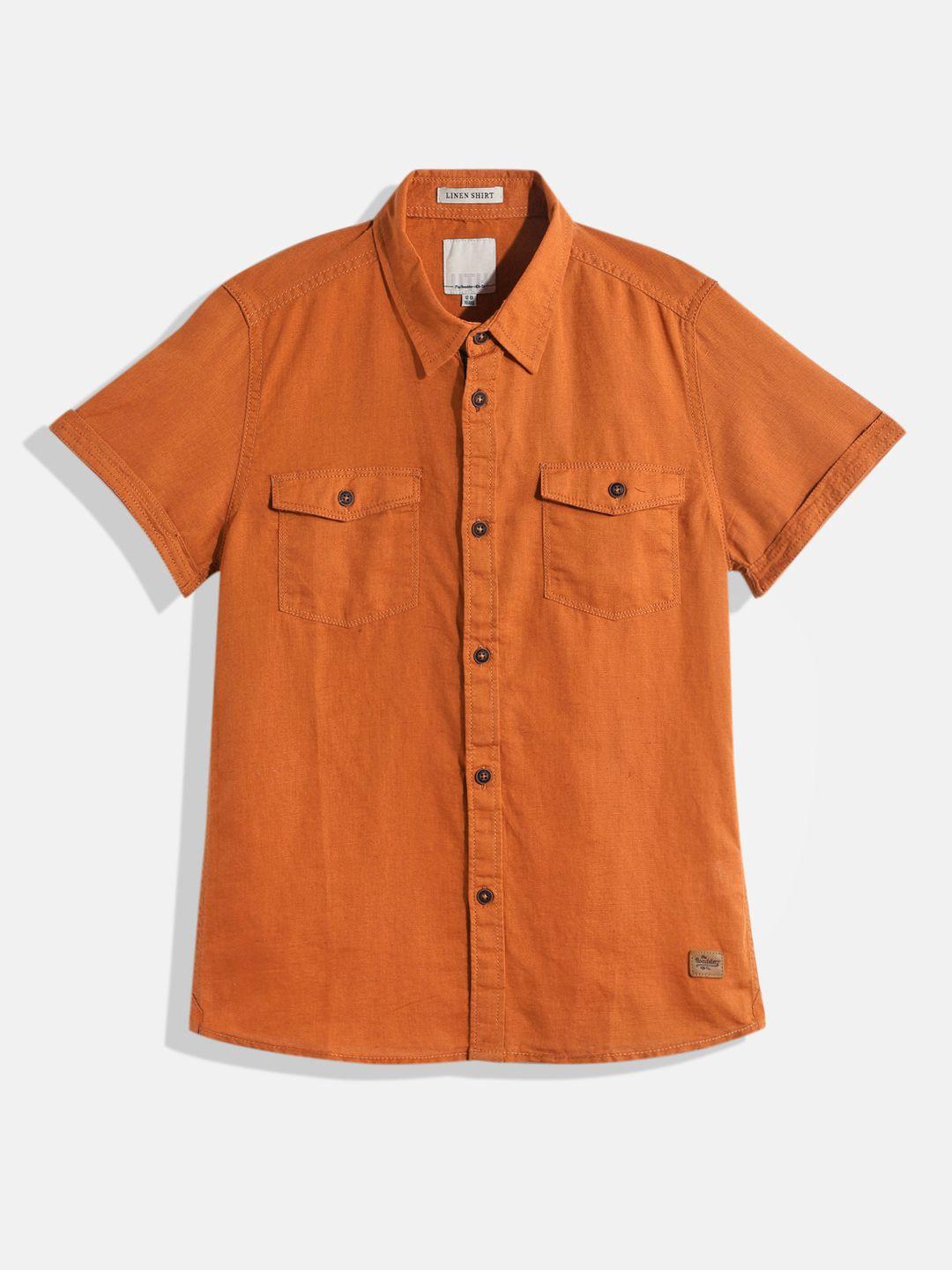 uth by roadster boys rust brown regular fit solid opaque linen cotton casual shirt