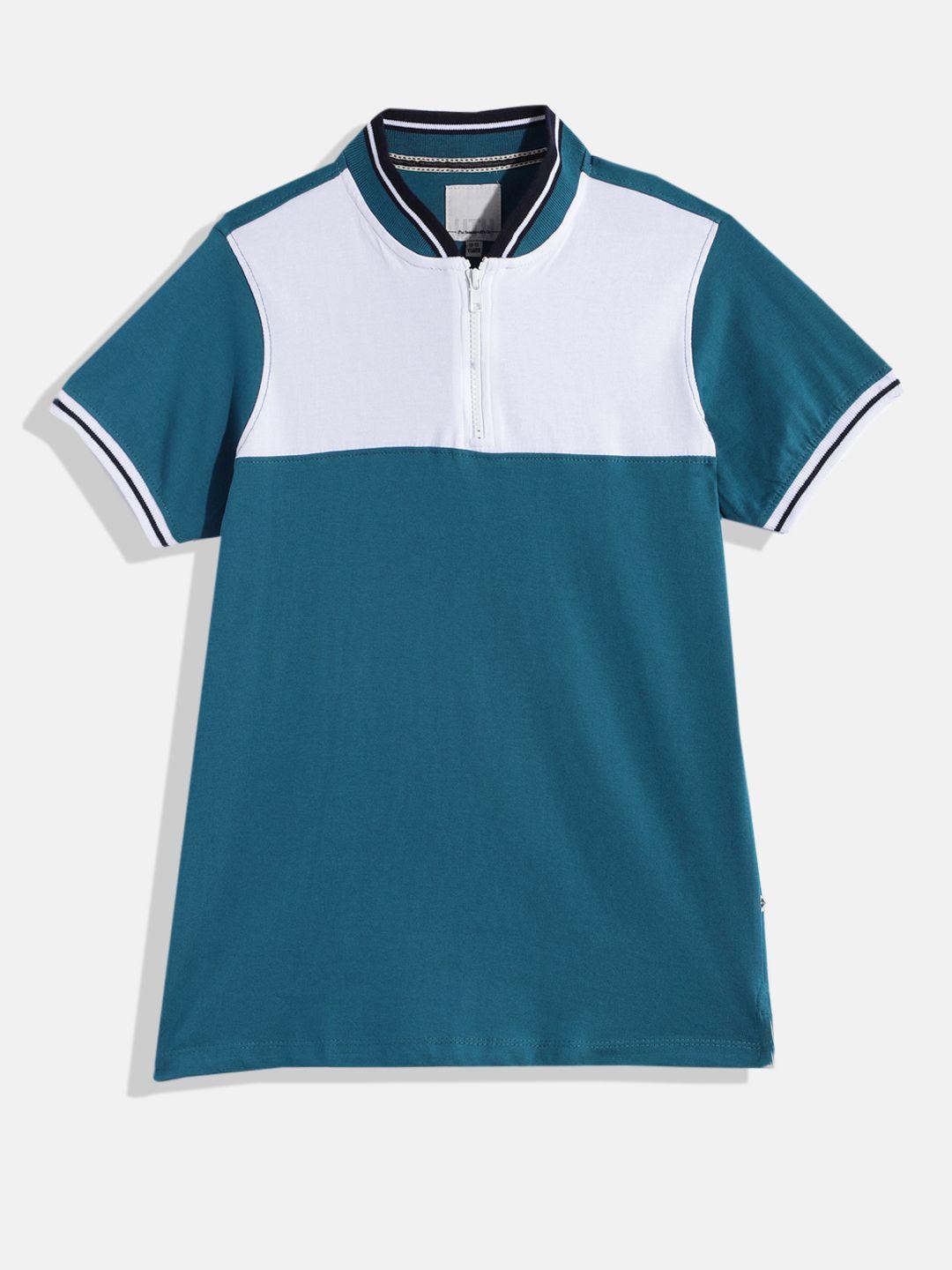 uth by roadster boys teal blue & white colourblocked pure cotton t-shirt