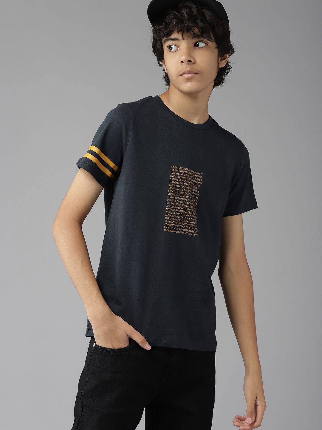 uth by roadster boys black & mustard yellow pure cotton typography printed t-shirt