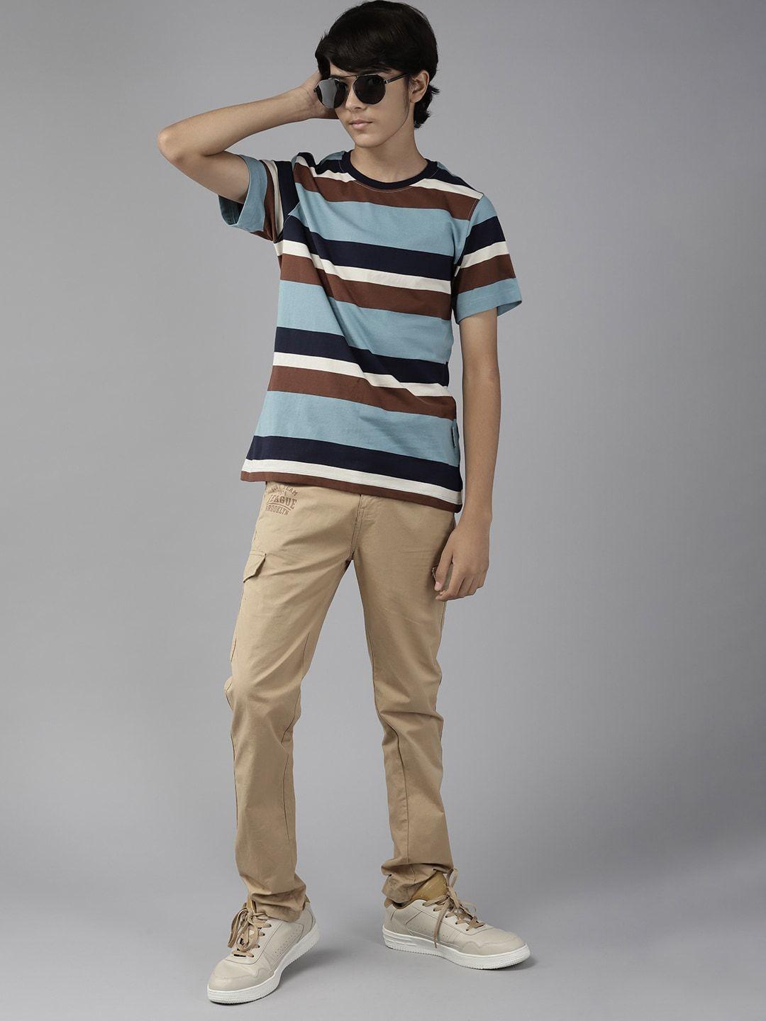 uth by roadster boys blue & brown striped pure cotton t-shirt