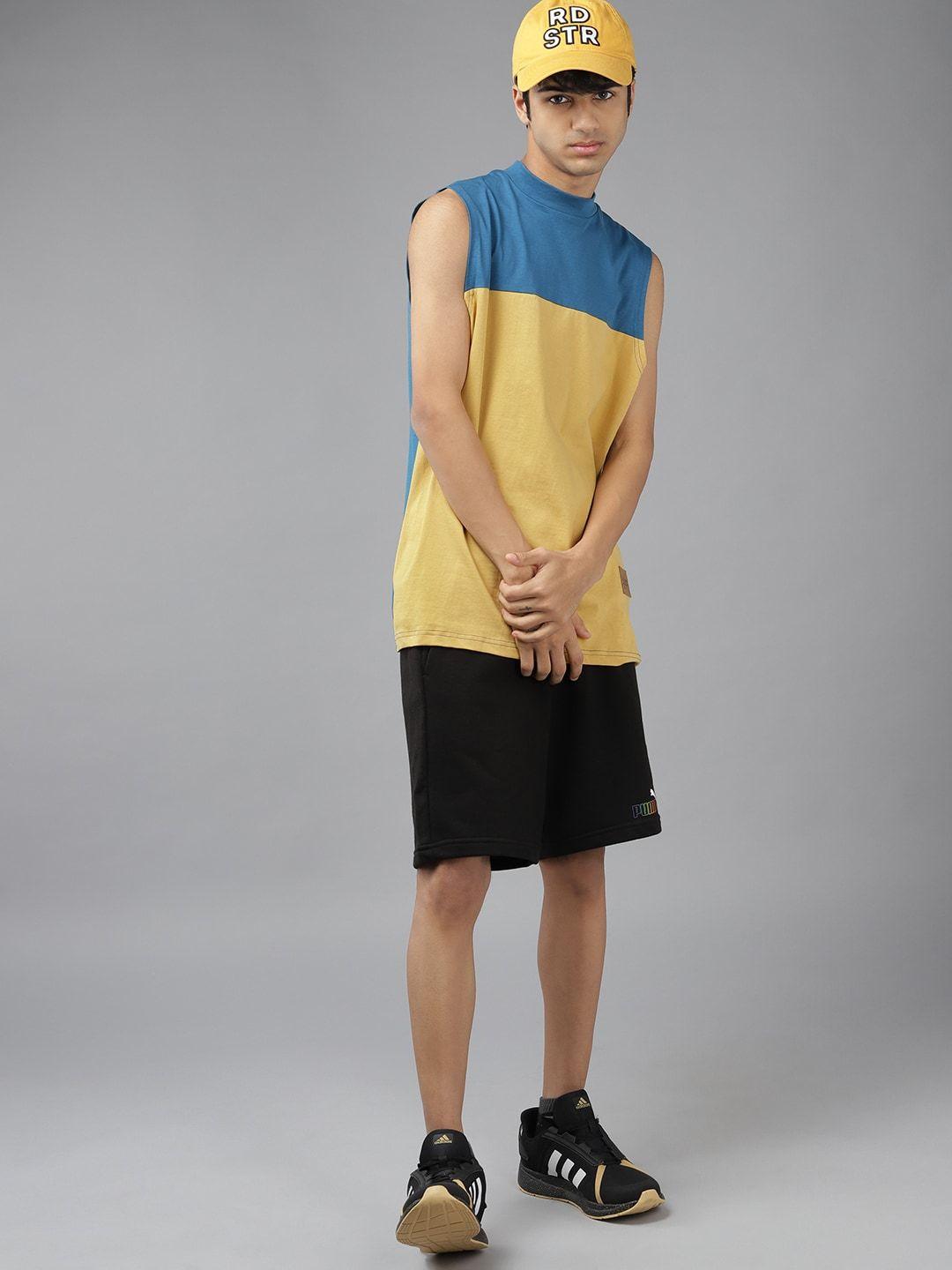 uth by roadster boys blue & mustard yellow colourblocked pure cotton t-shirt