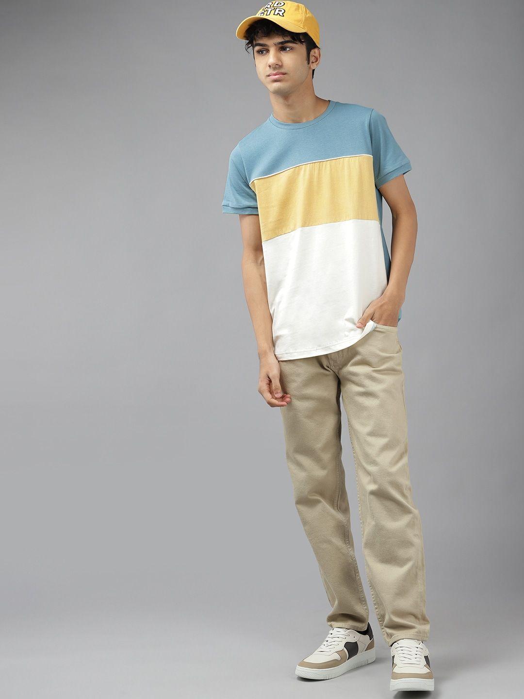 uth by roadster boys blue & yellow colourblocked pure cotton t-shirt