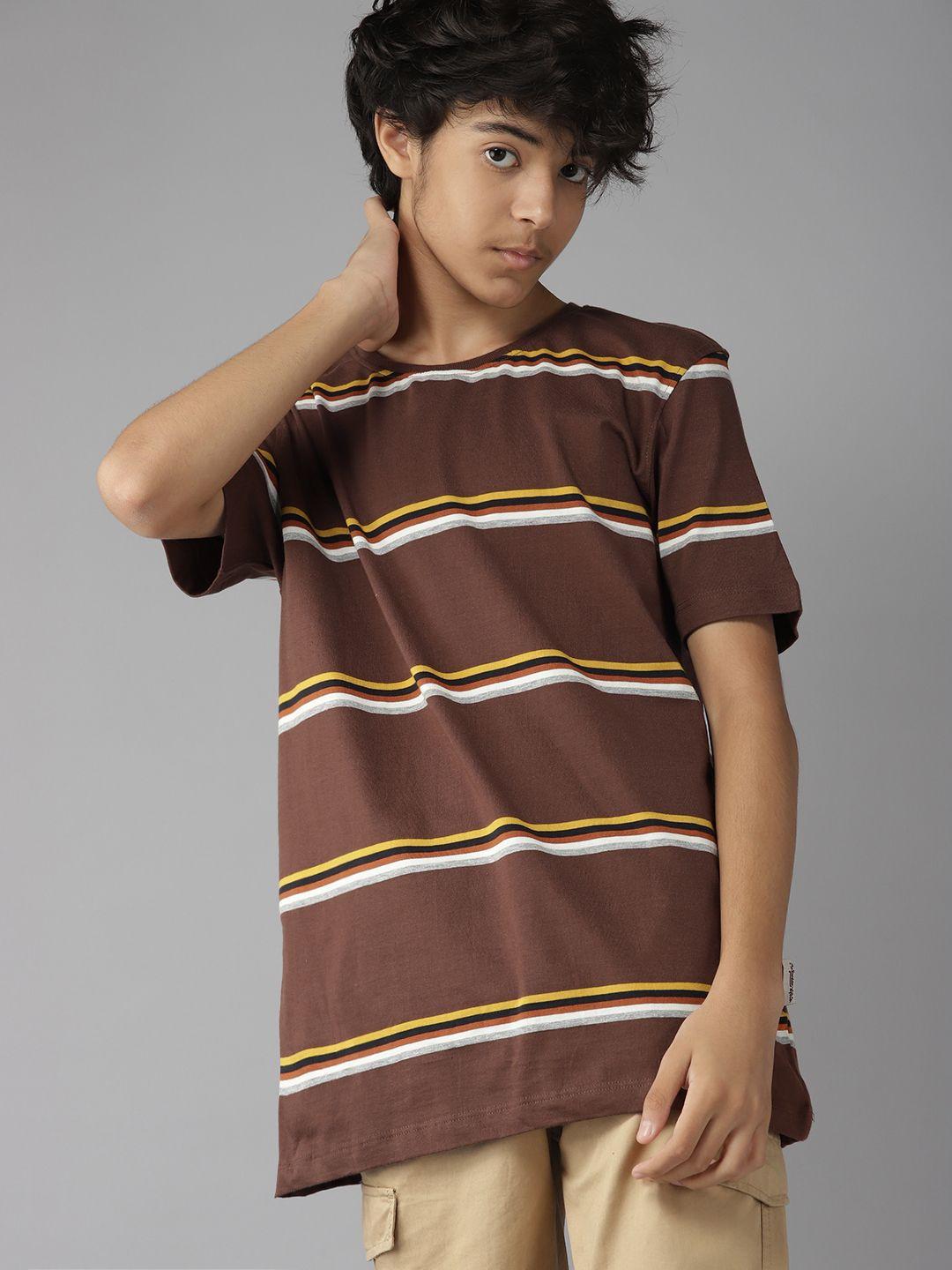 uth by roadster boys brown & mustard yellow pure cotton striped t-shirt