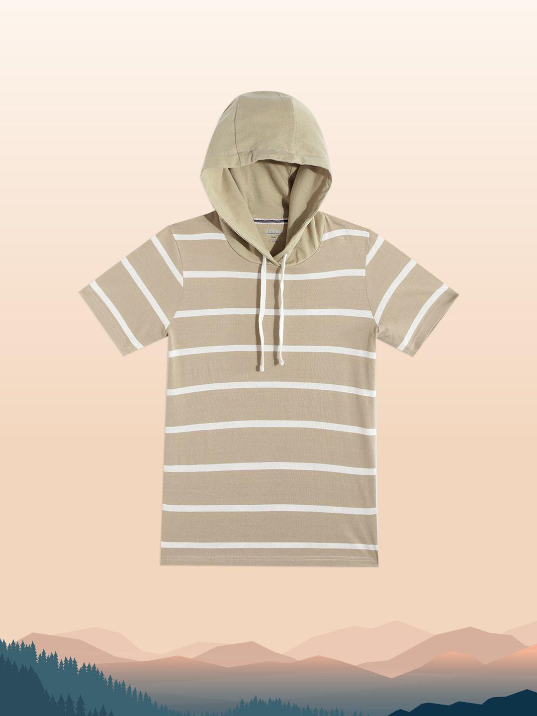 uth by roadster boys camel brown & white striped hooded pure cotton t-shirt