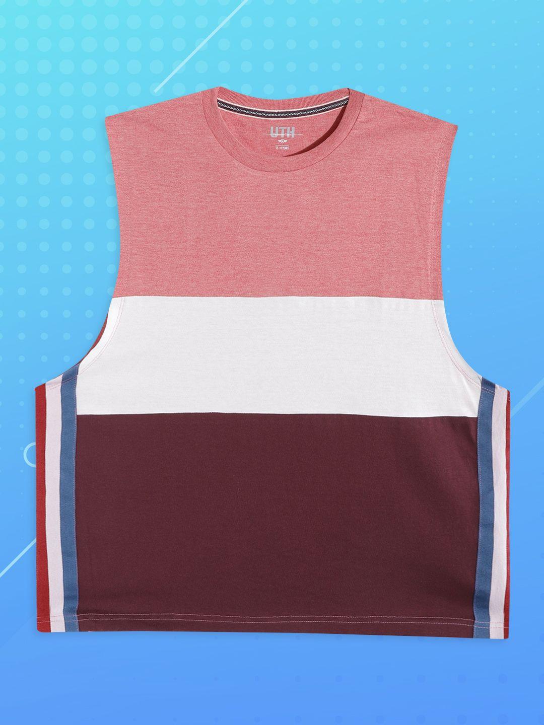 uth by roadster boys coral & maroon striped pure cotton t-shirt