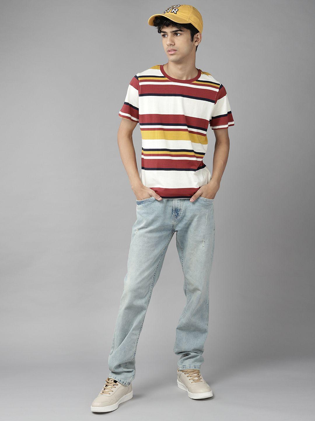 uth by roadster boys cream-coloured & maroon cotton striped t-shirt