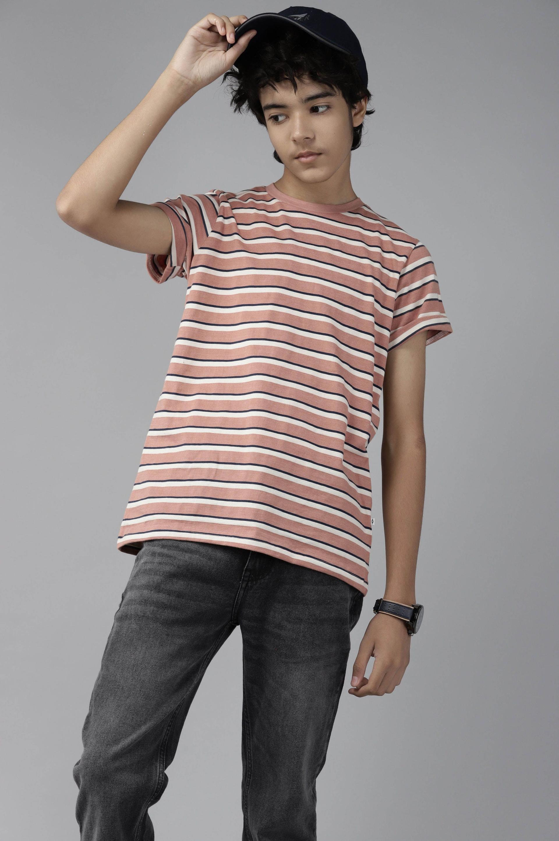 uth by roadster boys dusty pink & navy blue striped pure cotton t-shirt