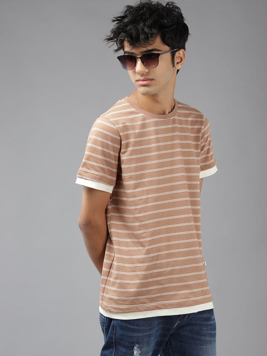 uth by roadster boys dusty pink with tinge of beige & white striped pure cotton t-shirt