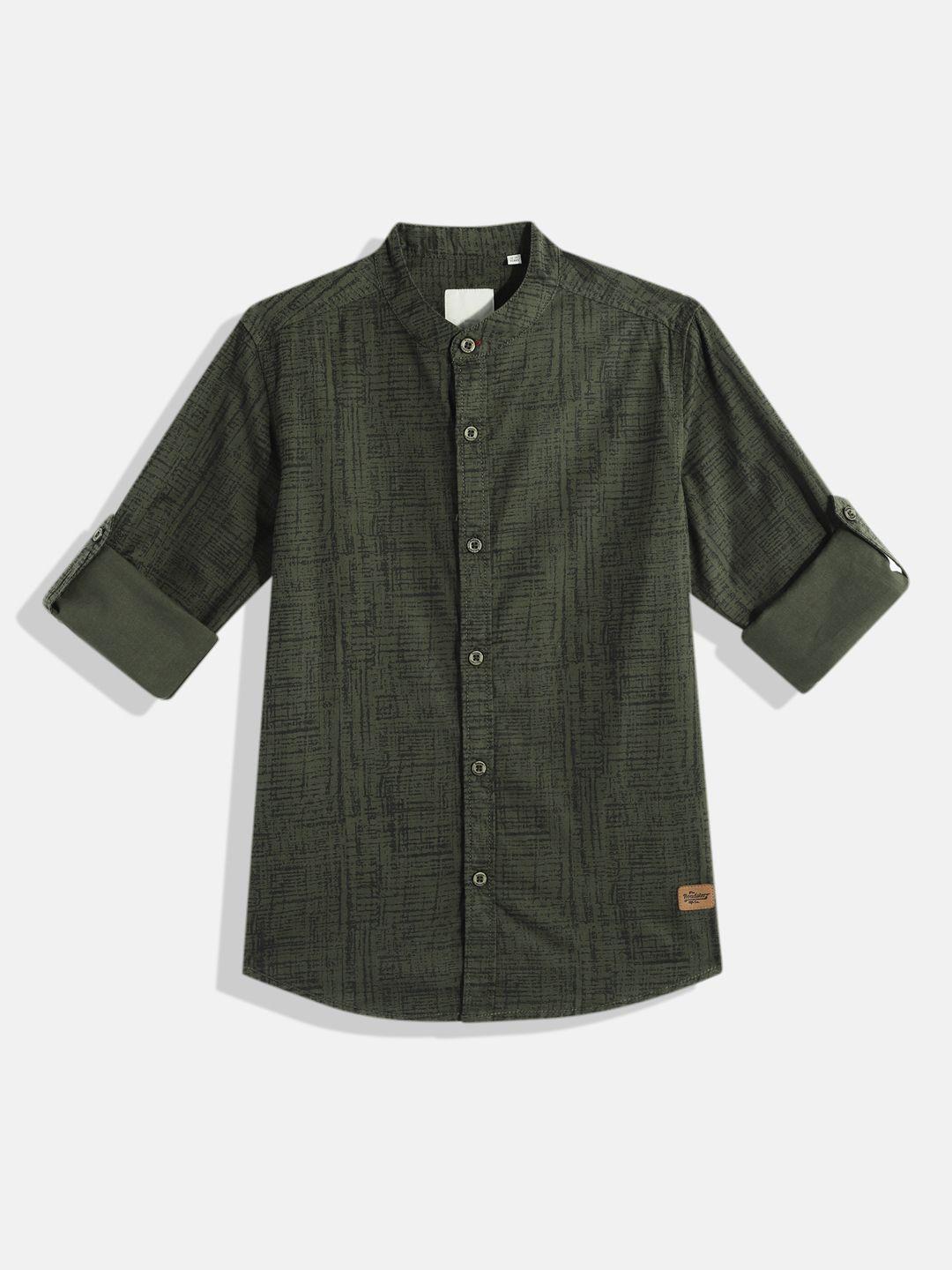 uth by roadster boys green & black abstract printed pure cotton casual shirt