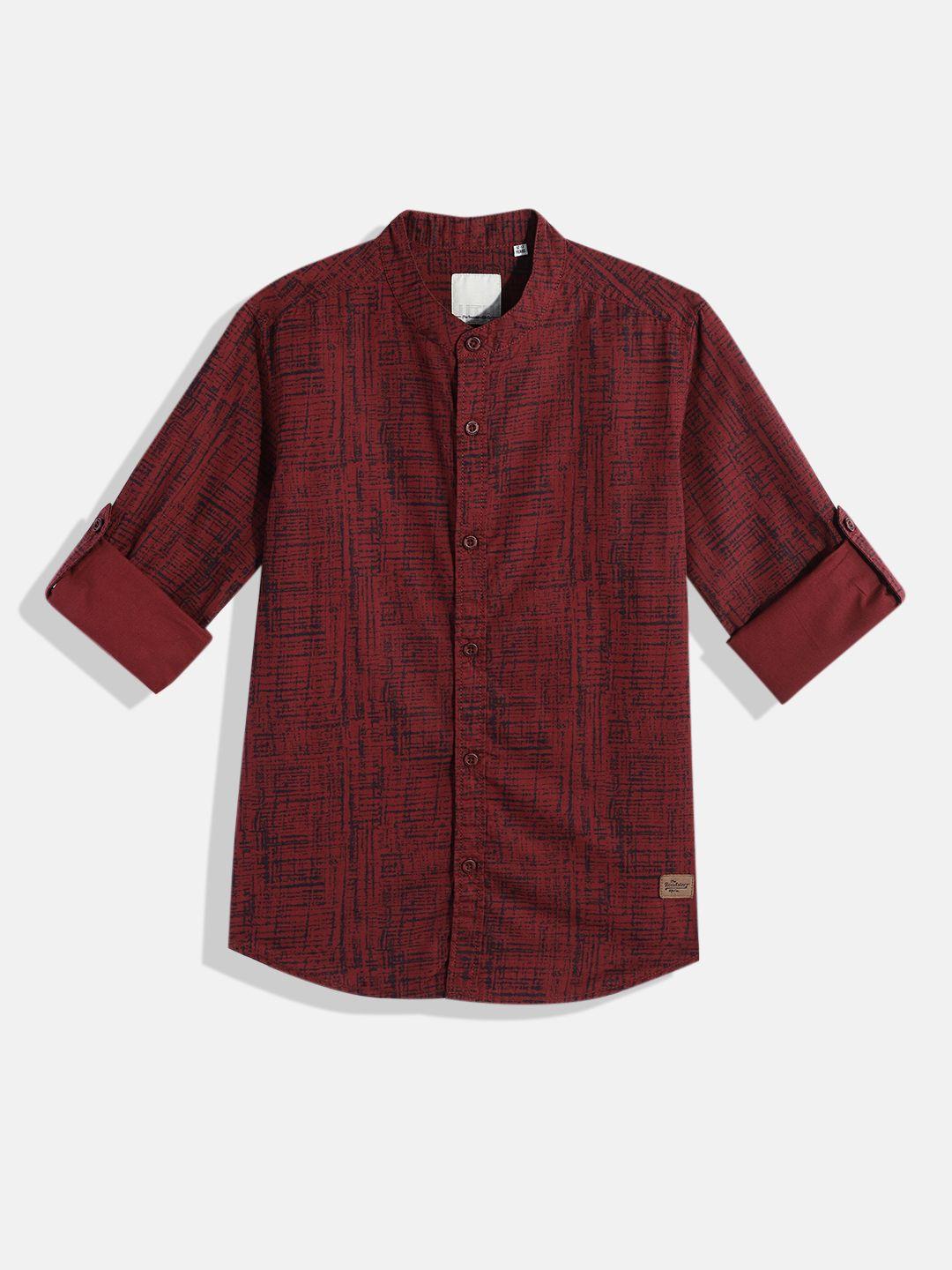 uth by roadster boys maroon & black abstract printed pure cotton casual shirt