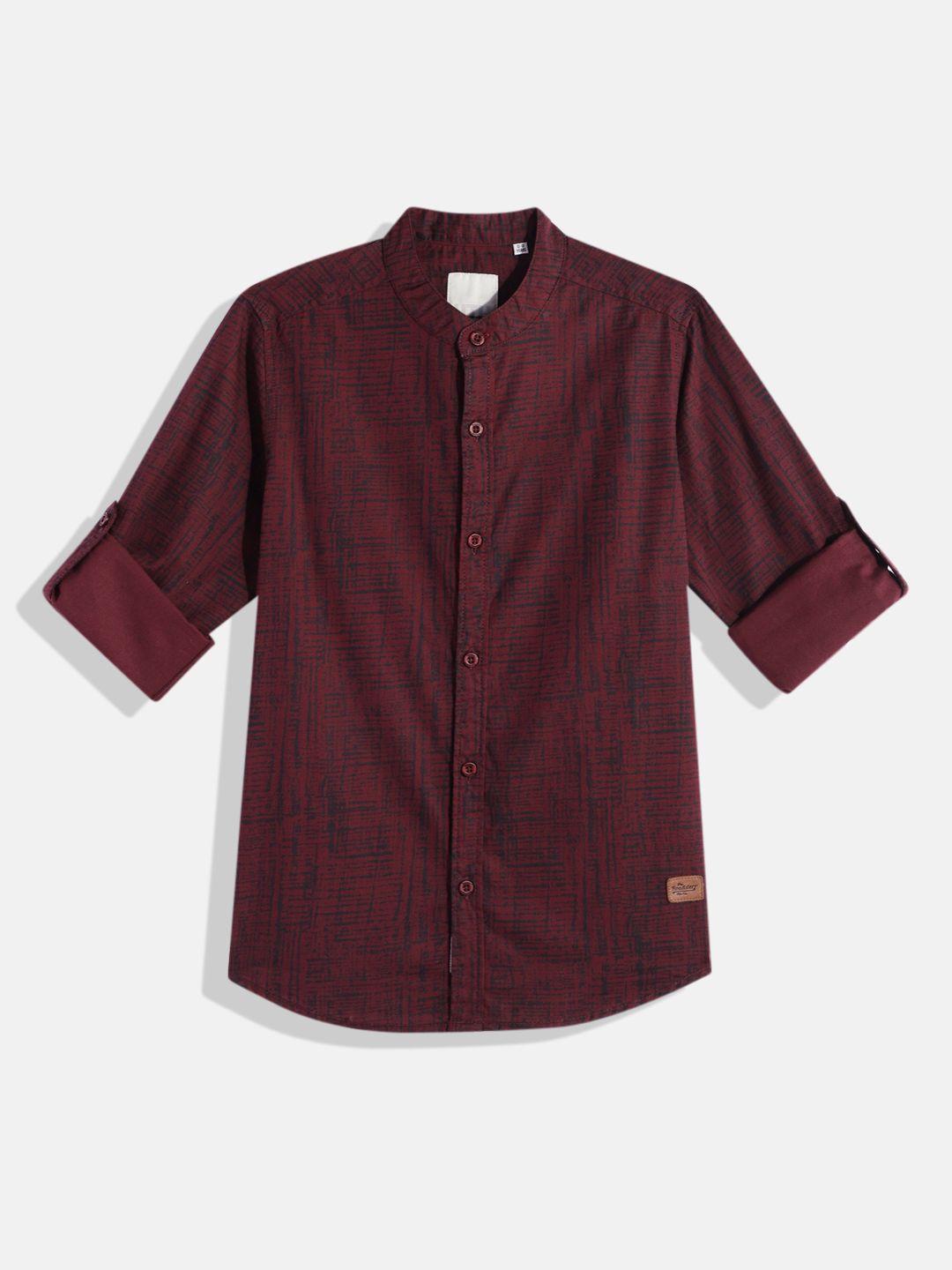 uth by roadster boys maroon & black abstract printed pure cotton casual shirt