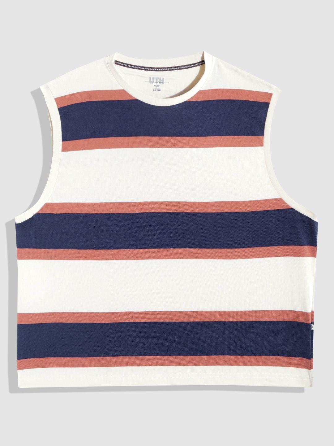 uth by roadster boys off- white & navy blue striped pure cotton t-shirt