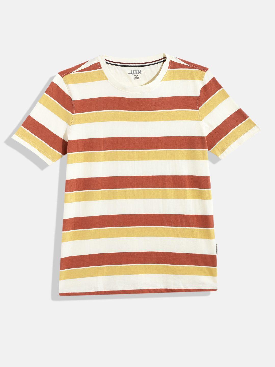 uth by roadster boys off white & brown striped pure cotton t-shirt