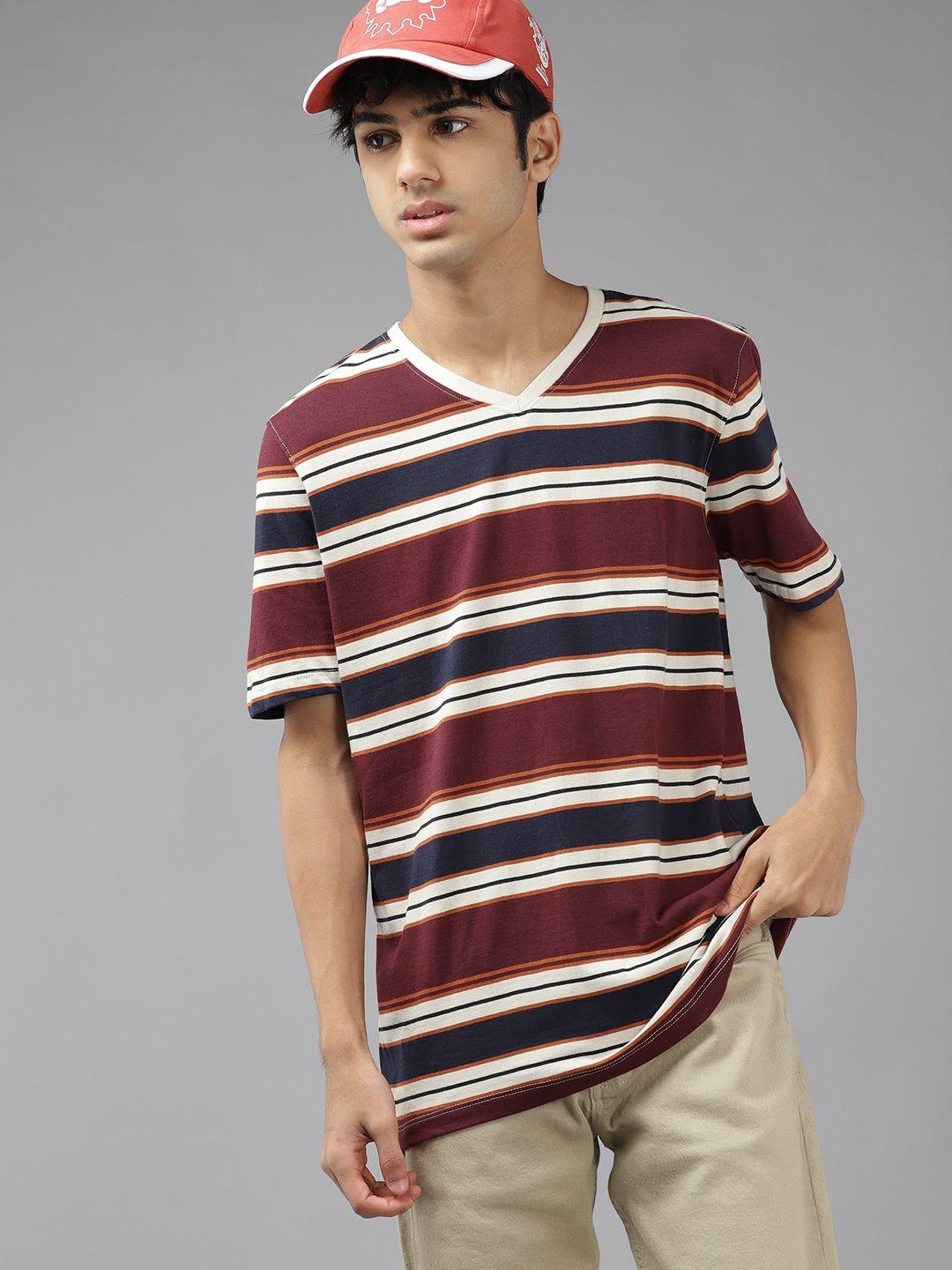 uth by roadster boys off white & maroon striped pure cotton t-shirt