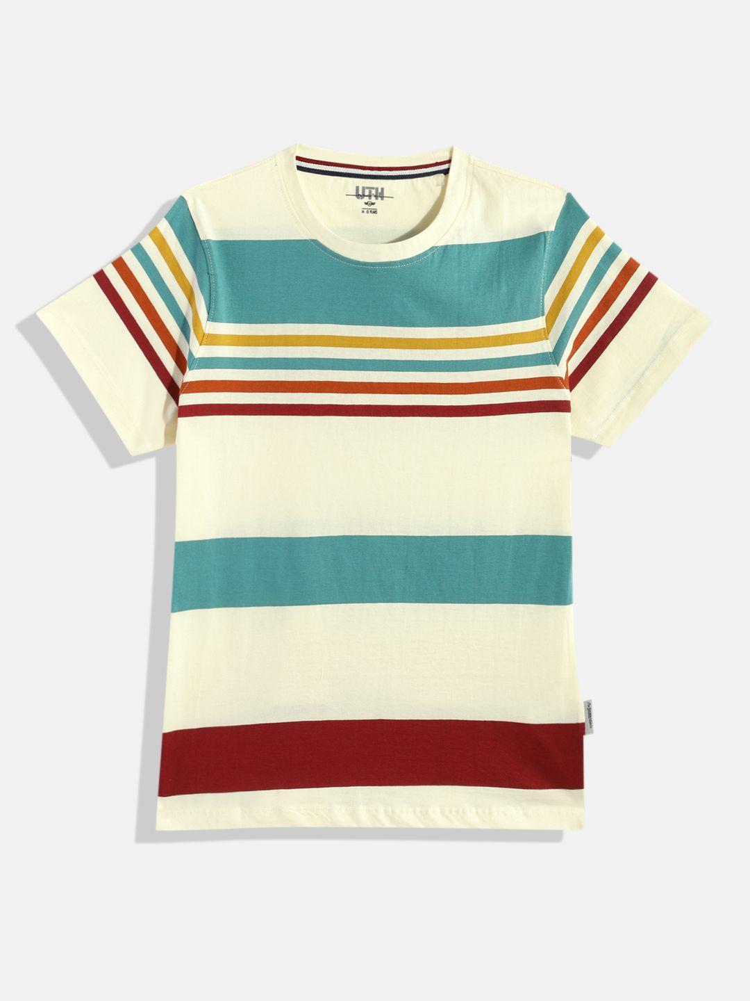 uth by roadster boys off white & teal blue striped pure cotton t-shirt