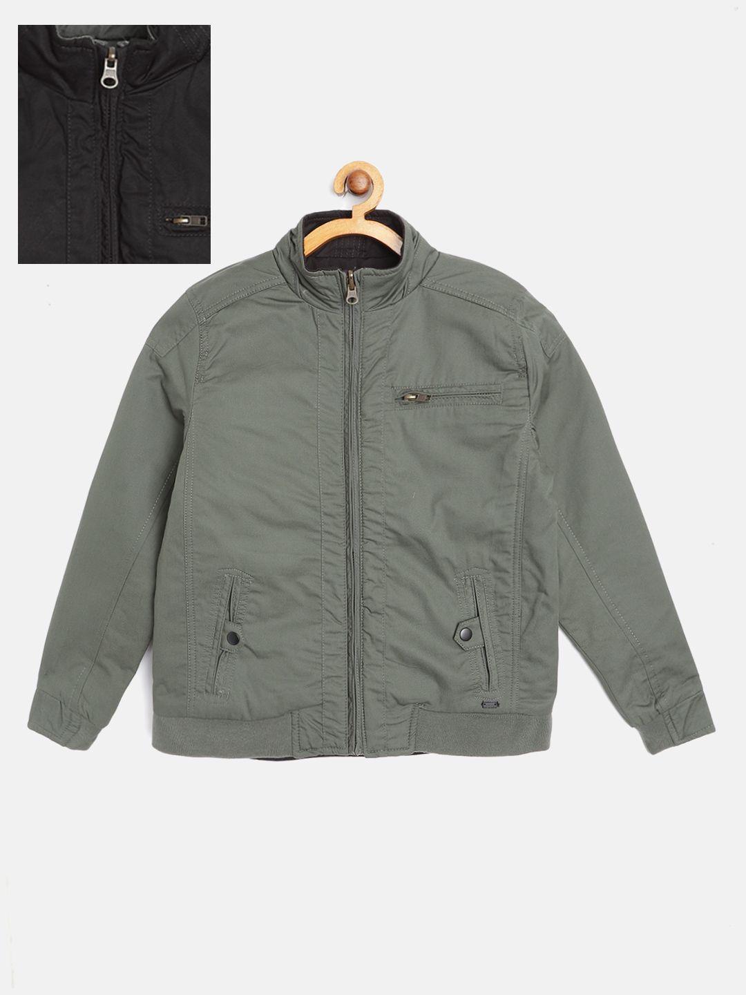 uth by roadster boys olive green & black solid cotton reversible bomber jacket