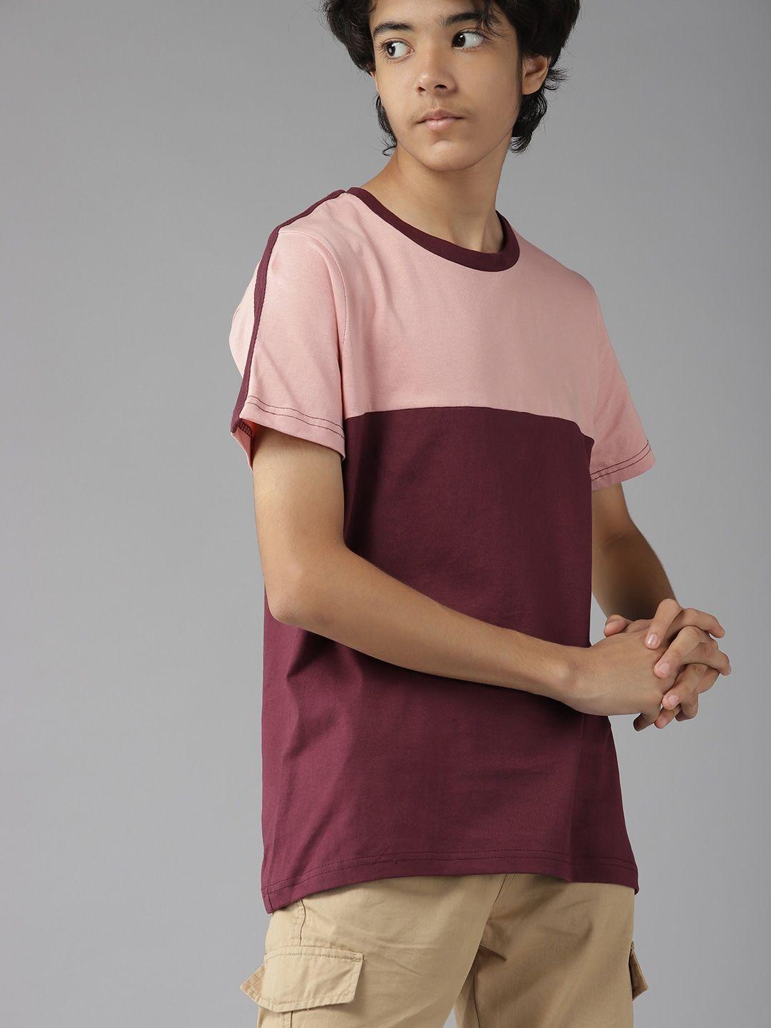 uth by roadster boys peach-coloured & maroon pure cotton colourblocked t-shirt