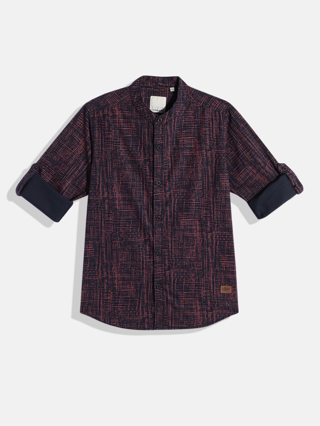 uth by roadster boys peach-coloured & navy blue abstract printed pure cotton casual shirt