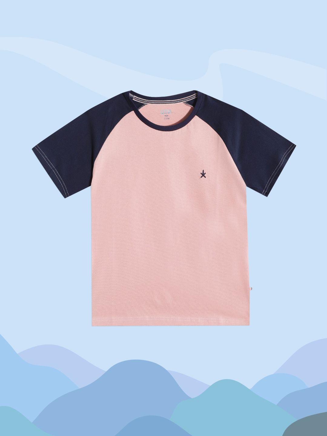 uth by roadster boys peach-coloured & navy blue colourblocked pure cotton t-shirt