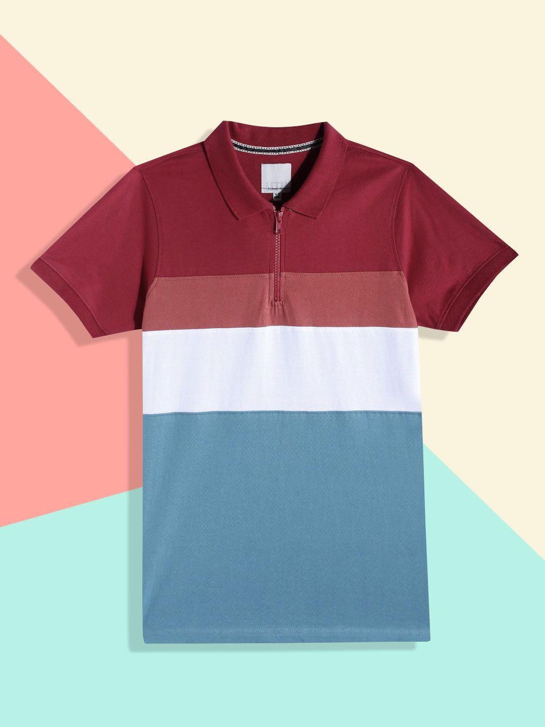 uth by roadster boys red & blue pure cotton striped polo collar t-shirt