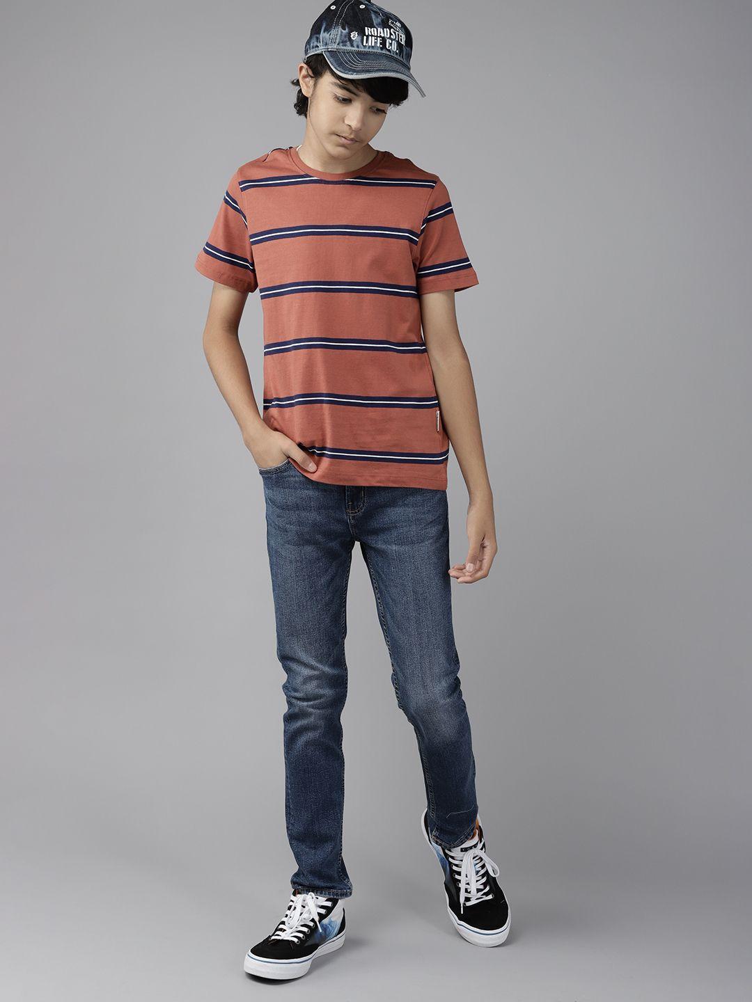 uth by roadster boys rust orange & navy blue striped pure cotton t-shirt