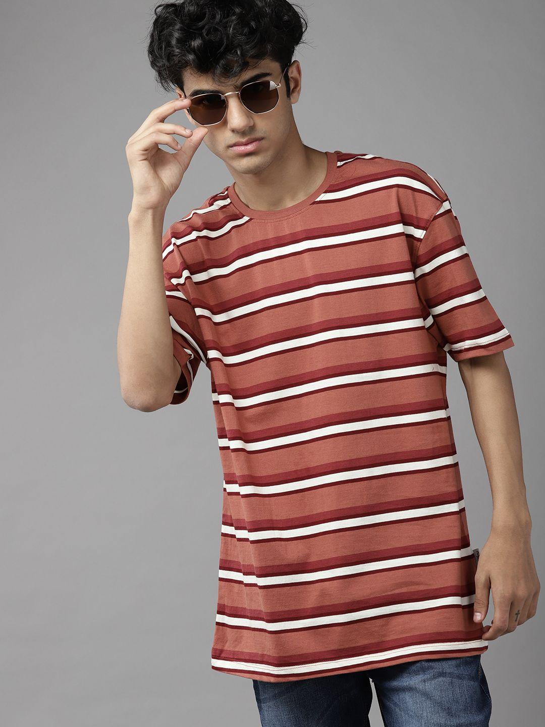 uth by roadster boys rust orange & off white striped pure cotton t-shirt