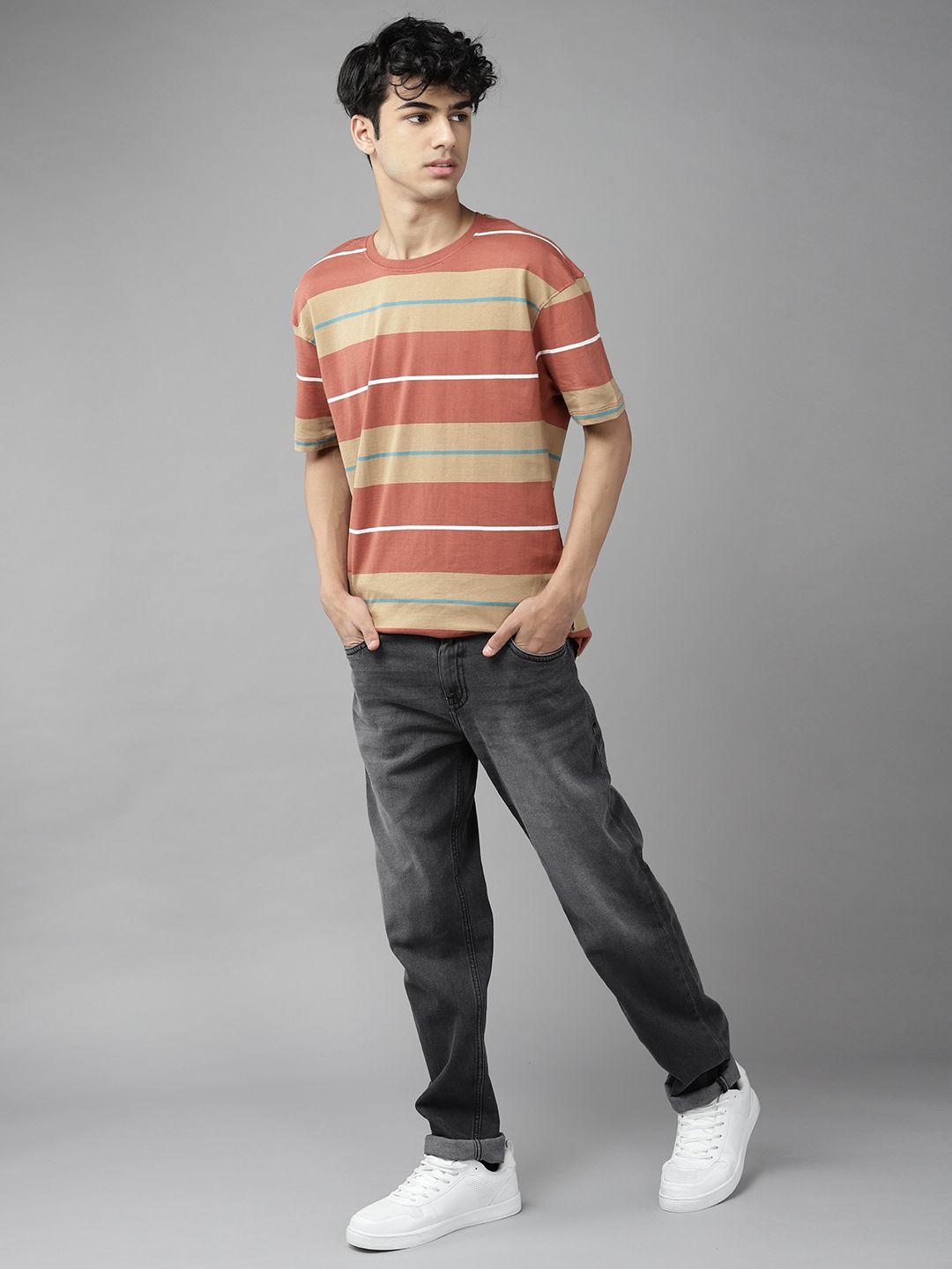 uth by roadster boys rust red & beige striped pure cotton t-shirt