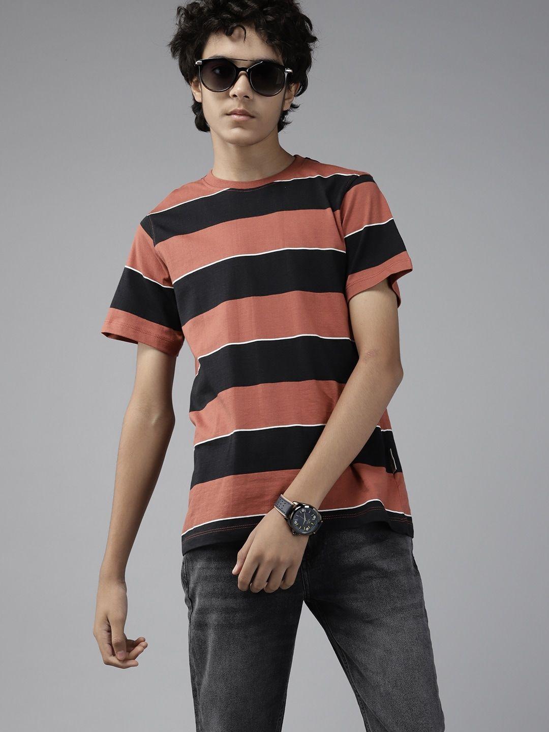 uth by roadster boys rust red & black pure cotton striped t-shirt