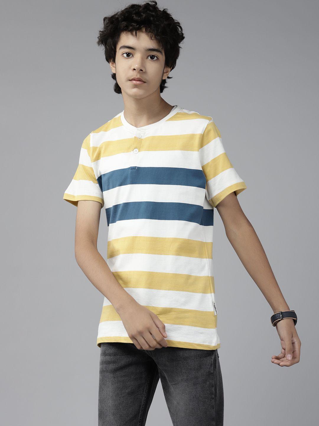 uth by roadster boys white & beige striped henley neck pure cotton t-shirt