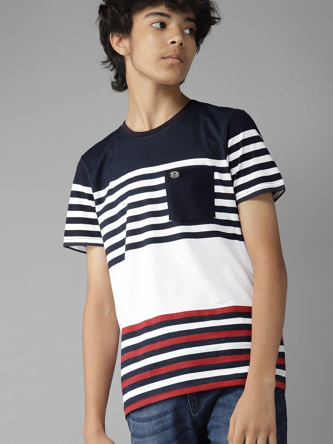 uth by roadster boys white & navy blue striped cotton t-shirt with contrast pocket