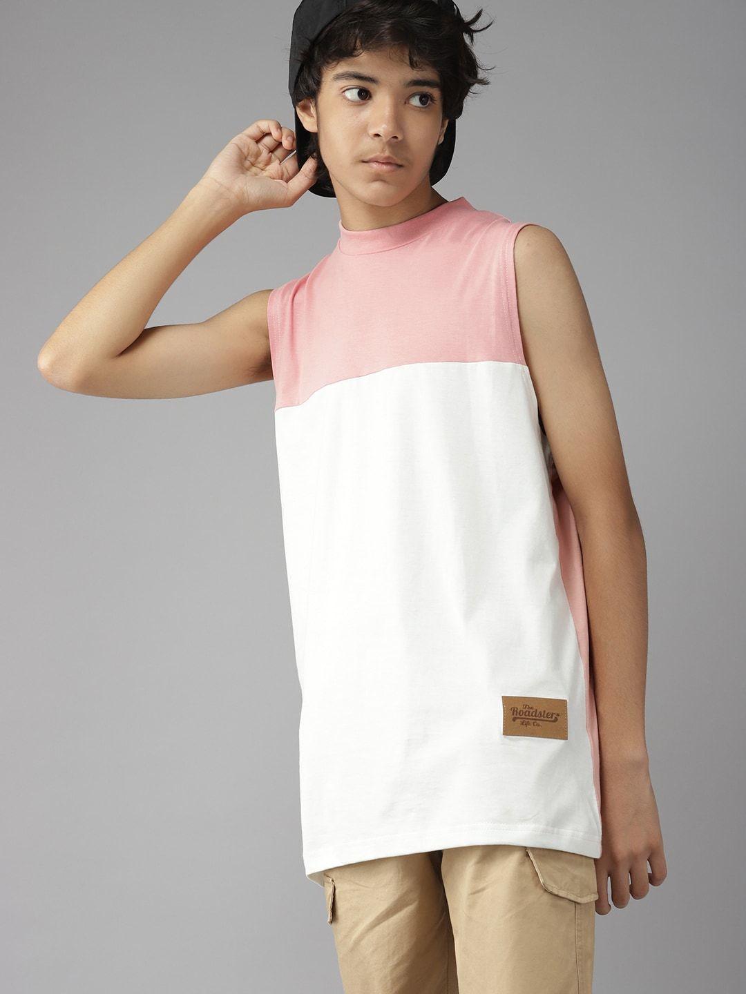 uth by roadster boys white & peach-coloured colourblocked pure cotton t-shirt