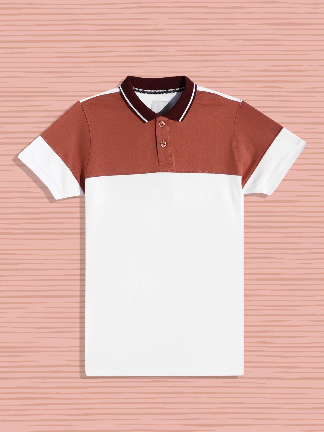 uth by roadster boys white & rust pure cotton colourblocked polo collar t-shirt