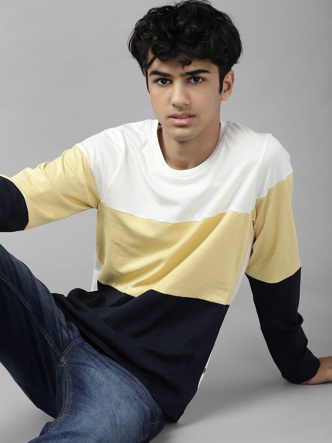 uth by roadster boys white & yellow colourblocked pure cotton t-shirt