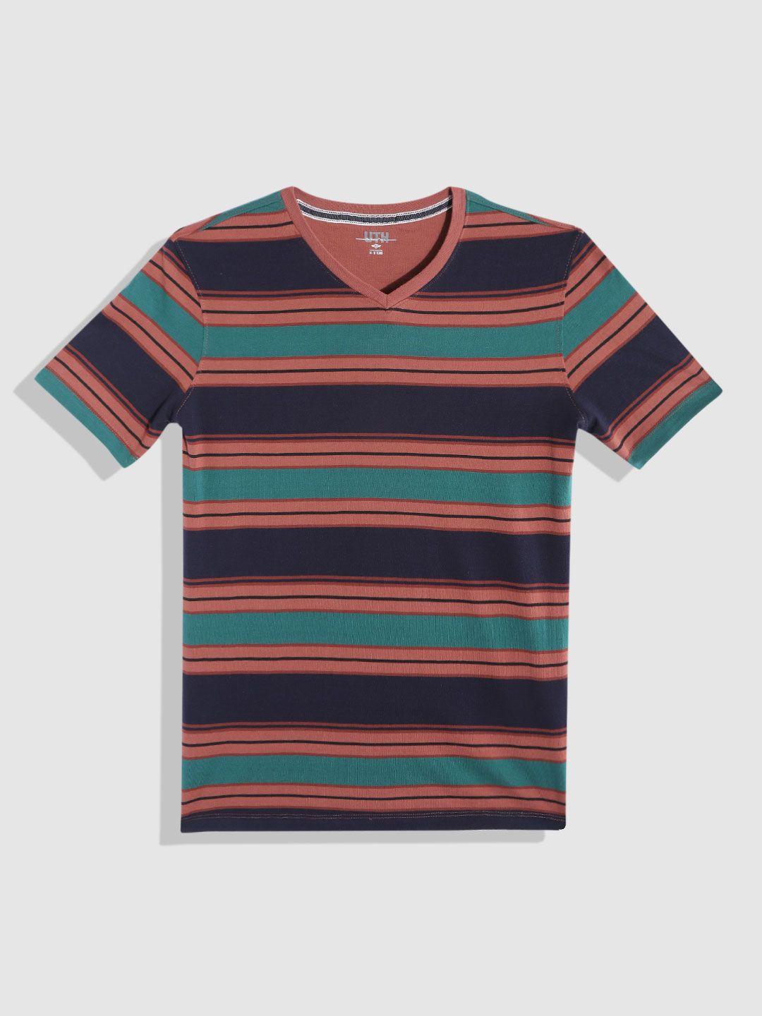uth by roadster teen  boys rust & navy blue pure cotton striped v-neck t-shirt