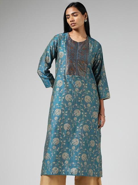 utsa by westside blue floral printed & jacquard embroidered kurta