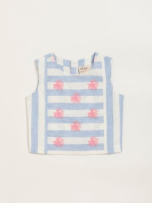 utsa kids by westside floral embroidered blue striped top