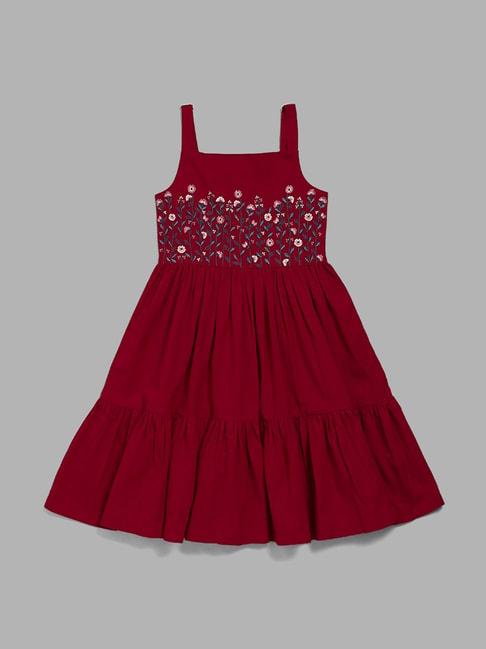 utsa kids by westside maroon floral embroidered tiered dress