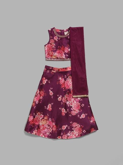 utsa kids by westside purple floral printed choli, skirt & dupatta set