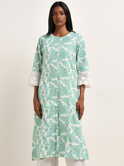 utsa by westside aqua floral printed a-line cotton blend kurta