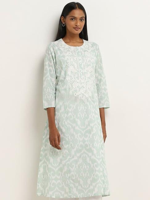 utsa by westside aqua ikat pattern straight cotton kurta