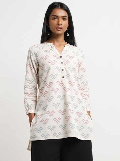 utsa by westside beige abstract printed high-low kurti