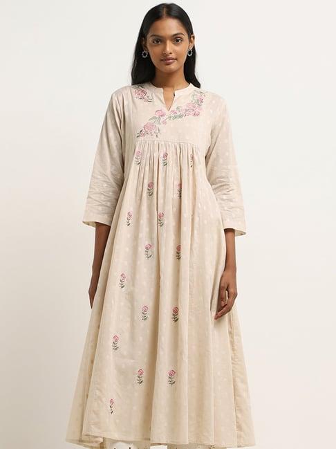 utsa by westside beige floral embroidered a-line cotton kurta