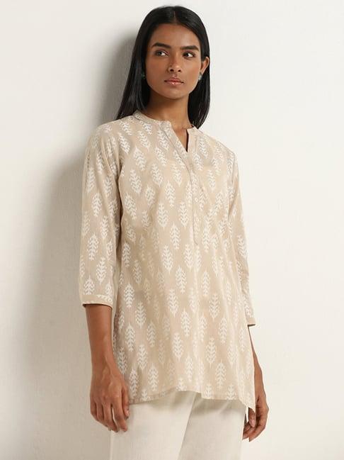 utsa by westside beige leaf pattern straight kurti